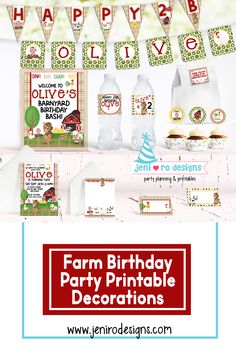 farm birthday party printable decorations and banner with farm animals on the table, including water bottle