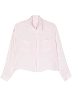 powder pink crepe texture classic collar concealed front button fastening drop shoulder long sleeves with buttoned cuffs two chest patch pockets cropped straight hem Cropped Shirt, Powder Pink, Crop Shirt, Pale Pink, Drop Shoulder, Patch Pocket, Top Shirt, Top Brands, Long Sleeves