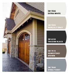 the exterior color scheme for a house with stone and stucco