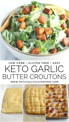 keto garlic butter croutons with lettuce in the background and text overlay reading low carb - gluten free easy keto garlic butter