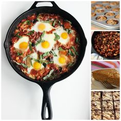 an assortment of breakfast foods including eggs, bread and muffins are shown in this collage