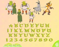 cartoon characters are standing in front of the letters and numbers that spell out their names