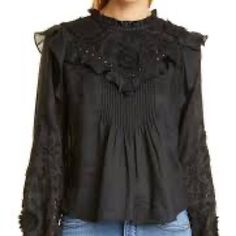 New With Tag Veronica Beard Espalier Embroidered Blouse In Black Delicate Floral Embroidery And Subtle Eyelet Accents Adorn This Timeless Blouse. The Flouncy Ruffles, Pintucked Pleats And Pretty Broderie Anglaise On Veronica Beard's 'Espalier' Blouse Give It Such A Romantic Feel. It's Made From Lightweight Ramie And Has A Slightly Loose, Breezy Fit. Elegant Fall Embroidered Top With Embroidered Sleeves, Designer Embroidered Long Sleeve Blouse, Traditional Embroidered Tops For Workwear, Elegant Black Tops With Embroidered Sleeves, Black Top With Intricate Embroidery, Fitted Blouse With Intricate Embroidery For Fall, Elegant Black Embroidered Floral Top, Festive Chic Embroidered Blouse, Elegant Black Long Sleeve Embroidered Top