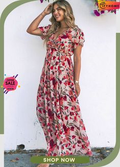 Red Floral Print Frilled V Neck Short Sleeve Maxi Dress Non-stretch Multicolor Floral Print Maxi Dress, Spring Red Printed Dresses, Red Floral Casual Summer Dress, Red Casual Floral Summer Dress, Casual Red Floral Summer Dress, Red Non-stretch Casual Dress, Casual Red Non-stretch Dress, Non-stretch Floral Print Maxi Dress With Short Sleeves, Non-stretch Short Sleeve Maxi Dress With Floral Print