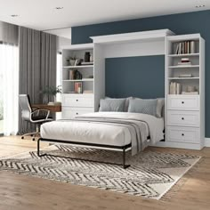 a bedroom with a bed, desk and bookcases in the middle of it