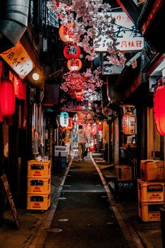 a narrow alley with lanterns hanging from the ceiling