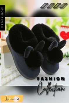 Women Winter Cute Rabbit Non-slip Shoes Warm Cotton Shoes Thick Home Indoor Slippers Non-slip Slip-on Slippers With Round Toe, Trendy Non-slip Round Toe Slippers, Black Flat Heel Winter Slippers, Black Flat Heel Slippers For Winter, Slip-on Slippers With Round Toe For Indoor, Winter Slip-ons With Rubber Sole And Round Toe, Indoor Slip-on Slippers, Winter Slippers With Round Toe, Trendy Closed Toe Winter Slippers