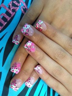 Nails Ideas Hello Kitty, Hello Kitty Nails Short, Really Short Nails Ideas, Hello Kitty Cheetah Print, Design Acrylics, Really Short Nails, Cheetah Print Pink, Hearts Nails, 3d Acrylic Nails