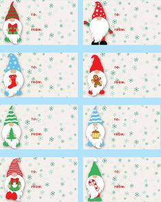 christmas gnomes with hats and snowflakes are shown in four different images, one is