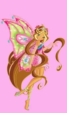 a cartoon fairy with long hair and pink wings flying through the air, wearing a tiara