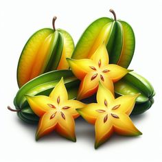 a group of yellow flowers sitting on top of each other next to green leaves and pods