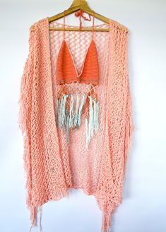 Mesh Knitted Cardigan with Fringes, Lightweight Knit Shrug, Coral Pink Pastel, Handknit See through Vest, Boho Clothing for Women by myAqua Mohair Jumpers, Boho Cardigan, Knit Shrug, Yarn Sizes, Pink Pastel, Pink Cardigan