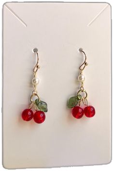 Cute Coquette, Coquette Cottagecore, Cherry Earrings, Fruit Earrings, Retro Earring, Crystal Dangle Earrings, Heart Dangle Earrings, Summer Earring, Earrings Pearl