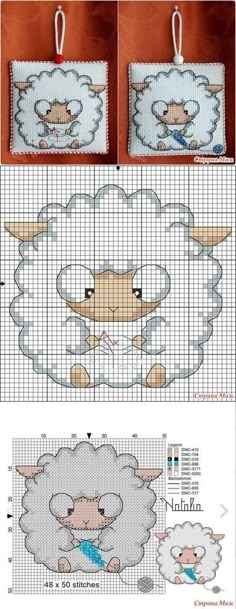 the cross stitch sheep is shown in three different stages