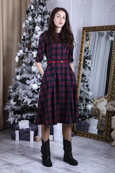 - Soft plaid fabric- Midi length (115 cm or 45 in), custom length available- Round back with zipper- 3/4 sleeves (17 in or 40 cm)- Side seam poskets- Flared skirt- NOTE! Belt isn't includedCan be made in plus sizes, junior bridesmaids and in maternity style. If measurements don`t match any size in my chart, I highly recommend a custom fit. Visit my FAQ section for required measurements.5 unique colors for your choice (are given on photo) or you can request a custom color. To see colors in person Plaid Winter Dress, Tartan Dress Outfit, Plaid Cocktail Dress, Plaid Dress Outfit, Red Tartan Skirt, Black Plaid Dress, Red Long Skirt, Long Plaid Skirt, Tartan Plaid Dress