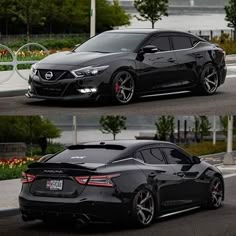 two different views of a black car parked on the side of the road in front of water