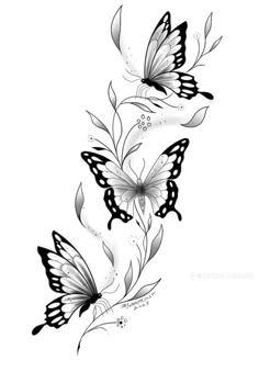 two butterflies flying in the air with leaves and flowers on it's back side