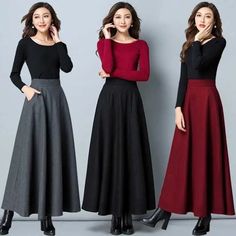 Autumn and Winter Solid Color Woolen Skirt Big Hem A- line Skirt High Waist Long Woman Skirts Mujer Womens Professional Suits, Skort Outfit, High Waisted Pleated Skirt, Skirt High Waist, Skirt Y2k, Dress Winter, Y2k Aesthetic Outfits, Skirt Maxi, Long Skirts For Women