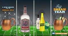 four different types of drinks on a football field with the words texas spirit written in large letters