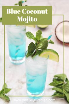 two glasses filled with blue coconut mojito