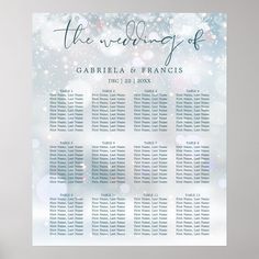 the wedding seating chart is displayed on a white wall with blue and green lights in the background