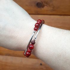 Coil Bangle Bracelet
 	Cranberry Dyed Quartz (semi-precious stone)
 	Silver-plated accents Stretch Bracelet, Stretch Bracelets, Bangle Bracelet, Semiprecious Stones, Cranberry, Precious Stones, Semi Precious, Silver Plate, Bangle Bracelets