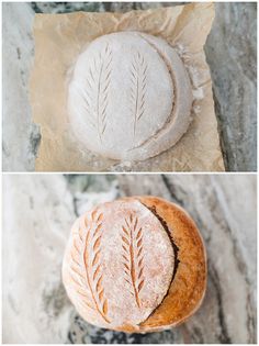 three different pictures of bread on top of each other, one with leaf designs and the other without leaves