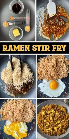 the steps to make ramen stir fry are shown in four different pictures, including eggs and rice