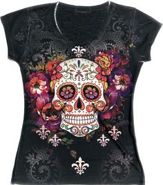 PRICES MAY VARY. 💀 SUGAR SKULL: Sweet Gisele short-sleeved T-Shirt features a rhinestone embellished Sugar Skull. This trendy tee can be perfectly paired with your favorite jeans and sneaks for that edgy streetwear aesthetic. Make a fun fashion statement with your individual personal twist! 💀 quality POLYESTER: Made from the highest-grade fine poly jersey and spandex material. Our fabric is breathable and lightweight while ensuring ultimate comfort and durability. The texture is silky smooth a Skull Shirts For Women, Sugar Skull Shirt, Edgy Streetwear, Streetwear Aesthetic, Skull Shirts, Fashion Marketing, Trendy Tee, Shirts For Women, Day Of The Dead