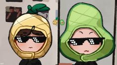 two cartoon characters with sunglasses on their heads, one wearing a green hood and the other wearing a black shirt