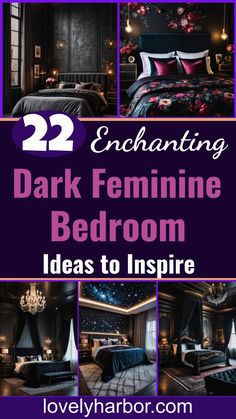 22 Enchanting Dark Feminine Bedroom Ideas To Inspire You Moody Bedrooms Jewel Tones, Bedroom Decor Feminine, Dark Navy Bedroom Ideas, Light Romantic Bedroom, Dark Blue Bedroom Design, Dark Moody Feminine Bedroom, Dungeon Bedroom, Mauve And Black Bedroom, Dark Plum Bedroom