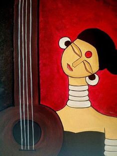 a painting of a woman holding a guitar in front of a red background with strings