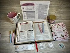 an open book sitting on top of a wooden table next to a cup and other items