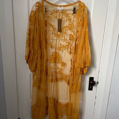 Golden Yellow. Size L. Nwt. Mustard Velvet Kimono, Mesh Kimono, Christmas Scrub Tops, Cover Up Kimono, Crochet Feather, Pink Plaid Shirt, Lacey Dress, White Kimono, Cuddl Duds