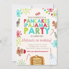 a birthday party card with an image of pancakes and other items on the front, in bright colors