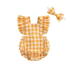 An adorable plaid ruffle romper that radiates cuteness! The sweet ruffled sleeves and hem are dripping with charm, finished off with a darling head bowtie. A delightful little outfit! Spring Gingham Bubble Romper With Ruffles, Cute Summer Plaid Bubble Romper, Cute Yellow Bubble Romper With Ruffles, Body Infantil, Casual Rompers, Ruffle Romper, Little Outfits, Ruffled Sleeves, Casual Girl