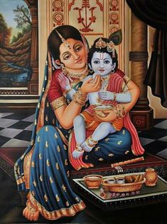 a painting of a woman holding a baby in her lap and sitting on the ground