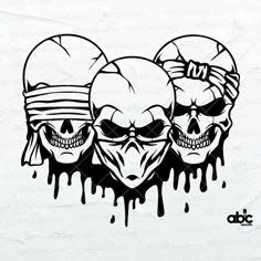 three skulls with bandannas on their heads are depicted in black and white ink