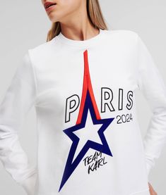 Crafted in luxurious organic diagonal terry, this Paris-inspired sweatshirt blends comfort with iconic style, The laidback favorite showcases Eiffel Tower-themed "TEAM KARL” artwork and light ribbing at the collar, cuffs and hem. Karl Lagerfeld Sweater, Luxury Fashion Store, Paris Sweatshirt, Comme Des Garcons Converse, Paris Inspired, Sweatshirt For Women, Jumpsuit Jacket, Karl Lagerfeld Paris, Stella Mccartney Adidas