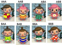 the characters from animal crossing are shown in different poses and sizes, with their names on them