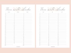 the three month calendar is shown in two different font styles, with pink and gold ink