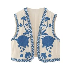 Vintage-inspired embroidered vest with a touch of indie folk style for a unique and fashionable look. Perfect for summer, providing a lightweight and breezy layer to complete your outfit. Features a beautiful floral pattern that adds a touch of femininity and charm. Made from high-quality polyester material, ensuring durability and comfort. No stuffing for a lightweight and relaxed fit. V-neck collar and short length create a stylish and flattering silhouette. Ideal for casual outings, vacations Vest Jacket Outfit, Short Coats, Y2k Cardigan, Dirndl Outfit, Flower Cardigan, Open Front Vest, Waistcoat Woman, Embroidered Vest, Streetwear Chic