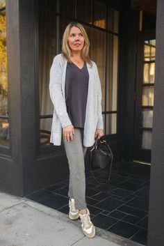 OUTFIT DETAILS: Franne Golde cashmere cardigan (c/o) | Franne Golde T-shirt (c/o) | Franne Golde cuffed pants (c/o) | Veja sneakers | Loewe puzzle bag Veja Sneakers, Cuffed Pants, Levi Jeans 501, Warm Autumn