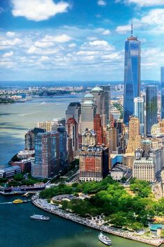 an aerial view of new york city and the hudson river