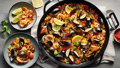 a skillet filled with seafood and rice next to two plates of shrimp, mussels, and lemon wedges