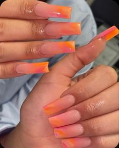 Colorful Ombre Acrylic Nails, Orange Pink Nails Acrylic, Long Acrylic Nails Orange, Sunset Nail Designs, Nail 2023 Summer, Summer Nail 2023, Beach Nails Art, Orange Ombre Nails, Nails Long Acrylic