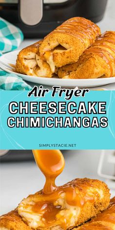 an air fryer cheesecake is being drizzled with caramel sauce