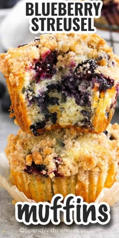 two blueberry muffins stacked on top of each other with text overlay