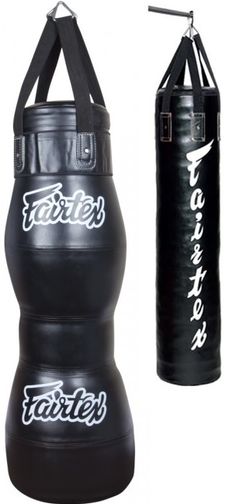 the fairtex punching bag is black and has white lettering on it, along with two