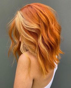 Bright Colored Hair For Brunettes, Light Copper Hair With Money Piece, Blue Flame Hair Color, Moneypiece Hair Red, Orange Creamsicle Hair, Cool Orange Hair, Orange Hair With Blonde Streak, Fall Orange Hair, Orange Hair Dye Ideas